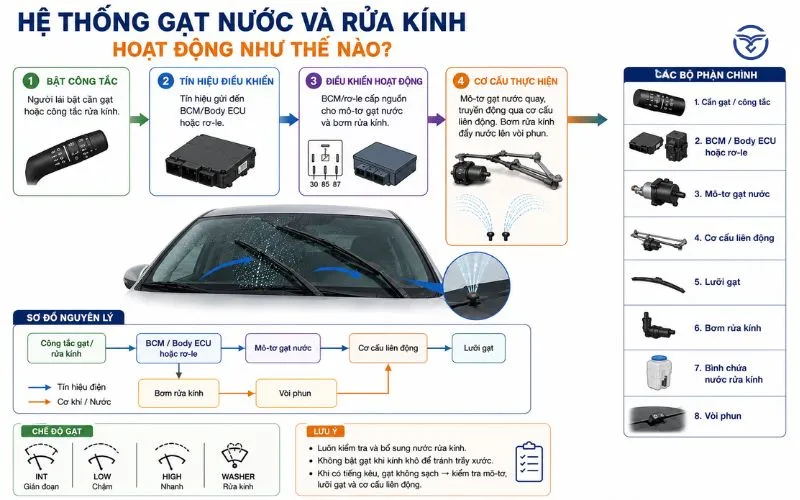 Hệ thống gạt nước và rửa kính hoạt động như thế nào?