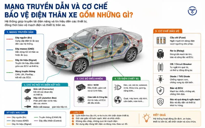 Mạng truyền dẫn và bảo vệ hệ thống điện ô tô.