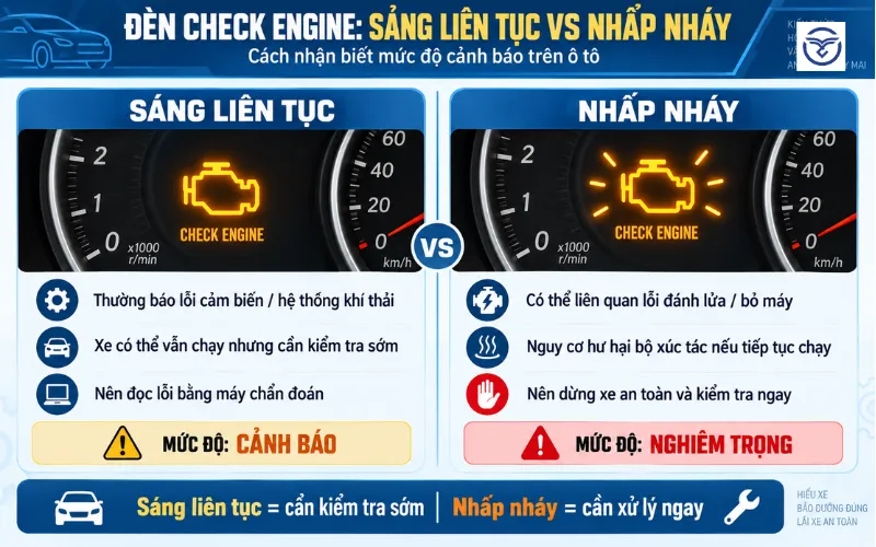 Phân biệt đèn check engine nhấp nháy và báo sáng liên tục