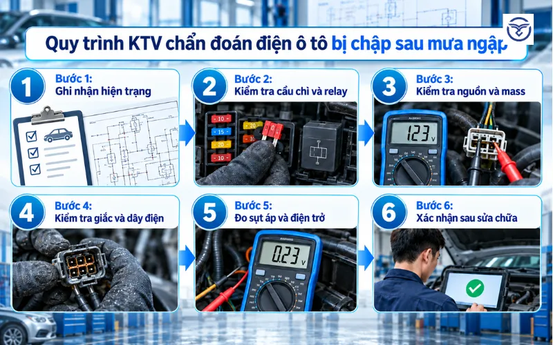 Quy trình KTV chẩn đoán điện ô tô bị chập sau mưa ngập